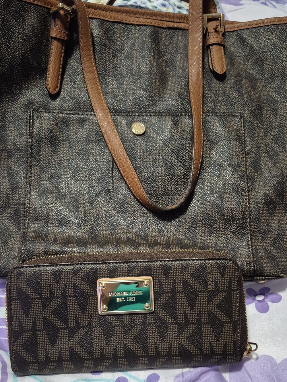 Michael Kors Brown Monogram Tote with Matching Zip-Around Wallet
